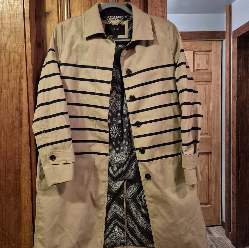 J.Crew Women's Size 6 Striped Beige Navy Blue Trench Coat Jacket